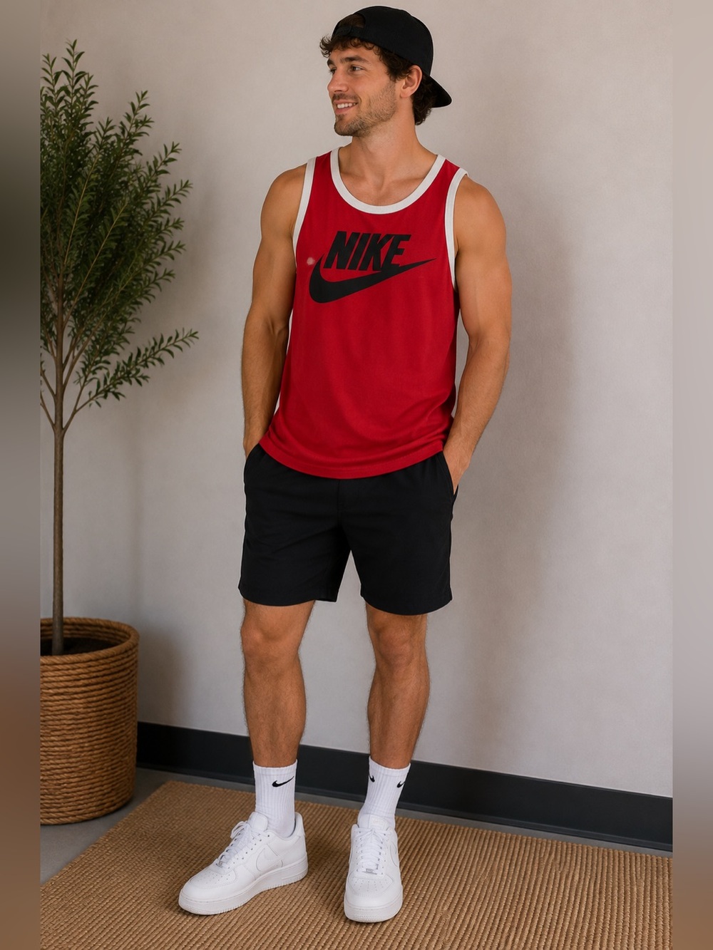 Nike Red Tank Top with Black Swoosh and White Trim